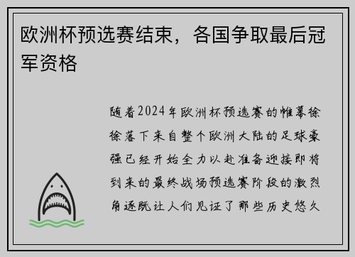 欧洲杯预选赛结束，各国争取最后冠军资格
