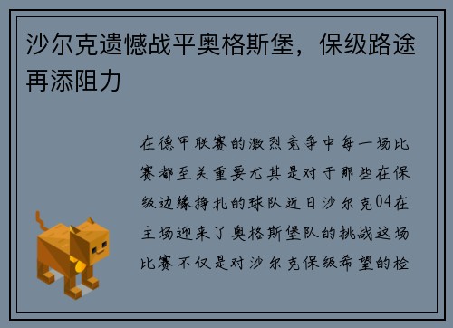 沙尔克遗憾战平奥格斯堡，保级路途再添阻力